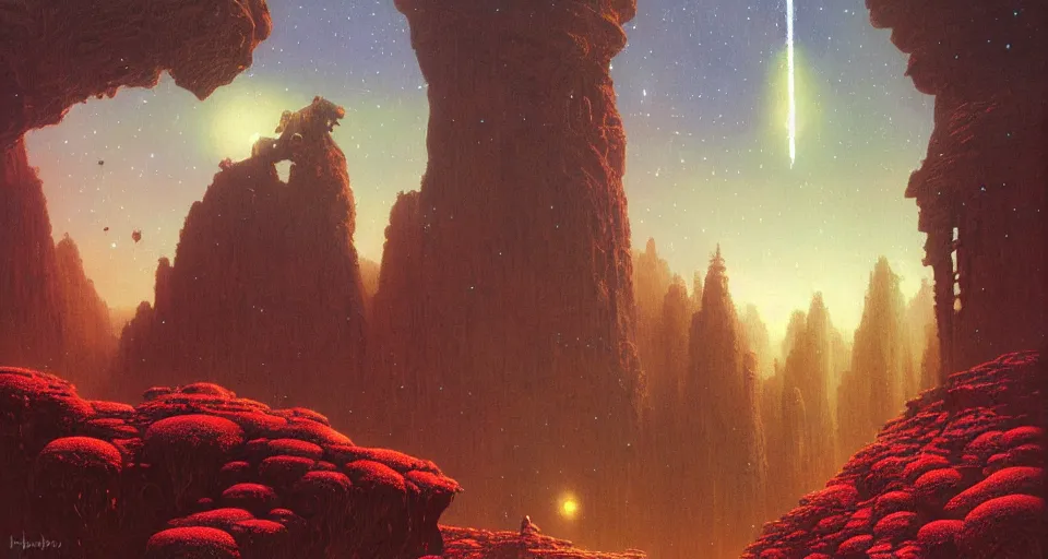 Image similar to a large mech suit flying through a rocky forest valley, underneath a star filled night sky, harold newton, zdzislaw beksinski, donato giancola, warm coloured, gigantic pillars and flowers, maschinen krieger, beeple, star trek, star wars, film, atmospheric perspective