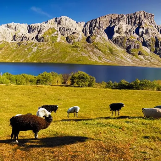 Prompt: a beautiful landscape with a lake, sheep grazing, fractal rock formations, cinematic light, long shadows,