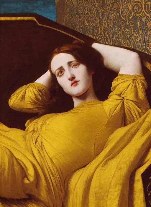 Image similar to masterpiece portrait of lady reclining on bed wearing yellow ochre ornate medieval dress, vertical, foreshortening, colour photography by frederic leighton, william morris, 8 k