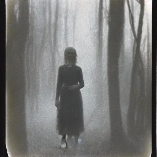 Image similar to an ancient evil-girl on a mysterious fractal forest, mist, 1910 polaroid photography, Black and white