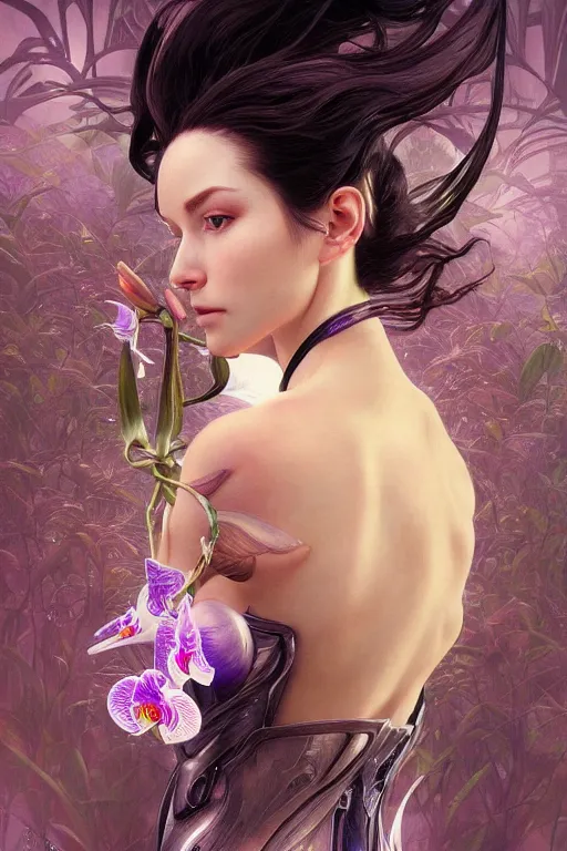 Prompt: Ultra realistic illustration, beautiful woman turning into an orchid, cyberpunk, sci-fi, fantasy, intricate, elegant, highly detailed, digital painting, artstation, concept art, smooth, sharp focus, illustration, art by artgerm and greg rutkowski and alphonse mucha, rene magritte, surrealism