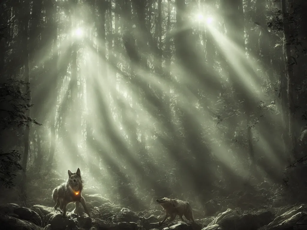 Image similar to a wolf with a space lantern on its mouth travelling through a dark, gloomy forest, zaba style, cinematic, sunbeams, detailed, hq, trending on artstation, wide shot, dramatic lighting