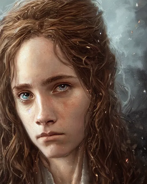 Image similar to portrait of hermione granger, hyper realistic face, beautiful eyes, fantasy art, in the style of greg rutkowski, intricate, hyper detailed, smooth