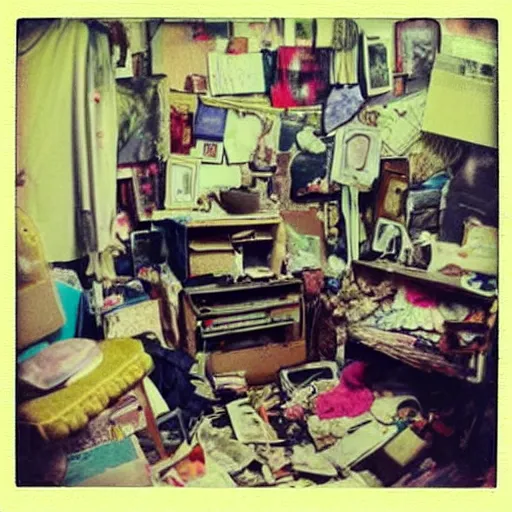 Prompt: messy house in the compulsive hoarder style, polaroid photo, perfect photo, photo pinterest