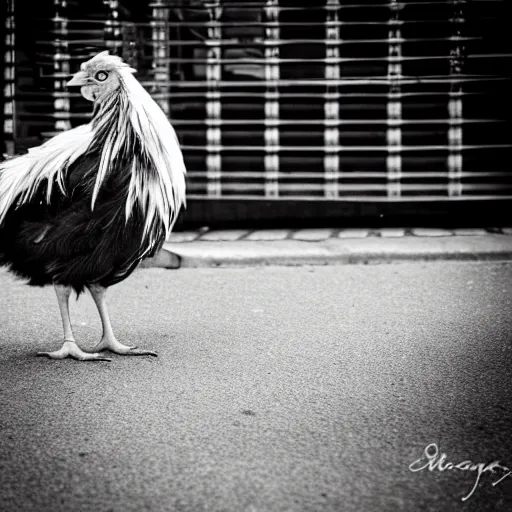 Image similar to dramatic photo of an emo chicken sitting at a bus stop, heartbreaking, emotional, black and white, focal point, closeup, inspirational.