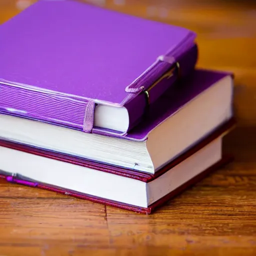 Prompt: a purple book on the top of a wood desk with a circular glasses on the top of the book