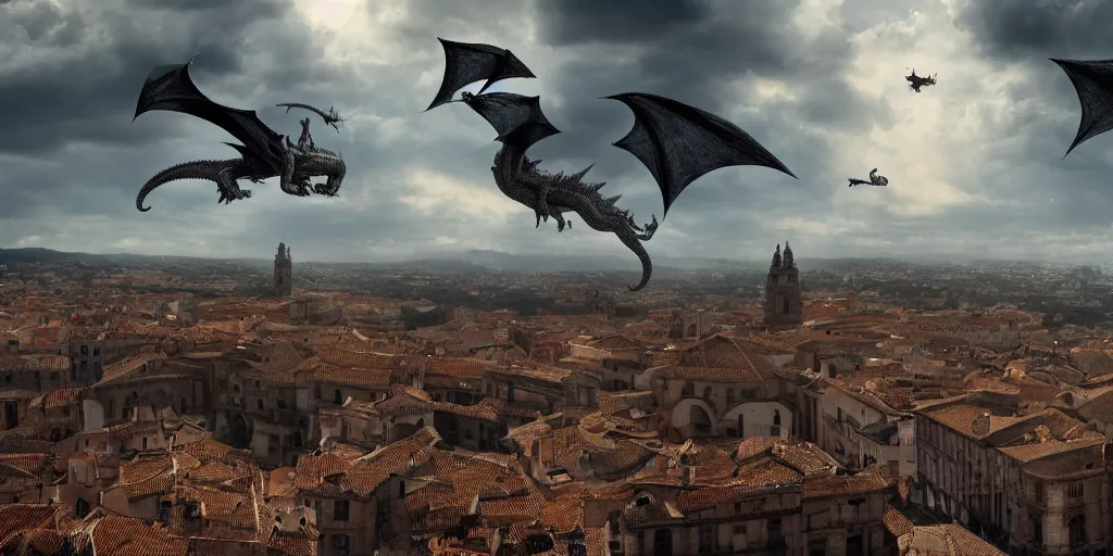 Image similar to the monumental city of caceres with a dragon flying over it, dramatic lighting, cinematic, extremly high detail, photorealistic, cinematic lighting, post processed, concept art, artstation, matte painting, style by greg rutkowsky