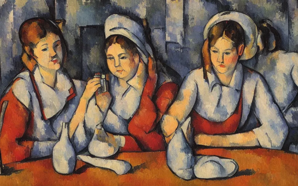 Image similar to in the style of paul cezanne. two hyperpop girls sitting at a wooden table in a bar looking at their phones. there is a bright red lamp hangig above the table. milkshakes