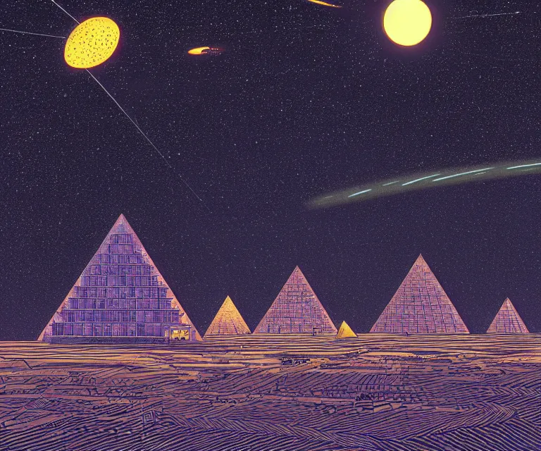 Image similar to gigantic solar pyramids towering over a small city meteor in the dark starry sky of saturn by laurie greasley and kelly freas