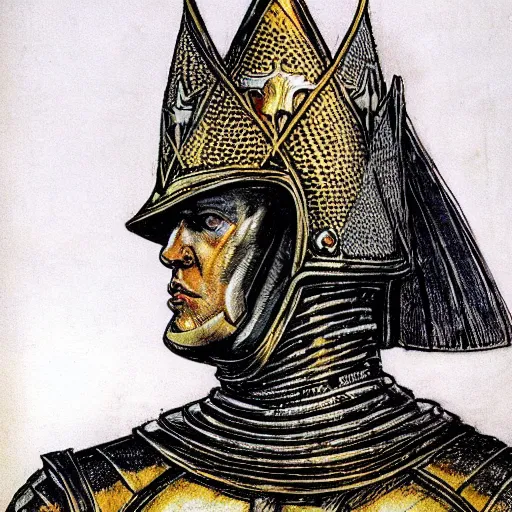 Prompt: knights armor, donald trump, crown, by hans thoma