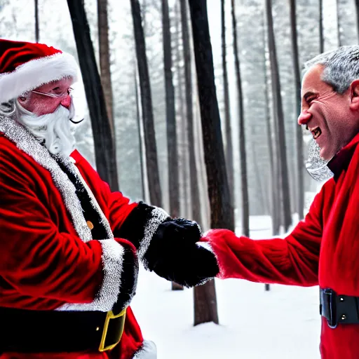 Image similar to Santa Claus shaking hands with Jeffery Epstein in a snowy forest, 8k, depth of field,