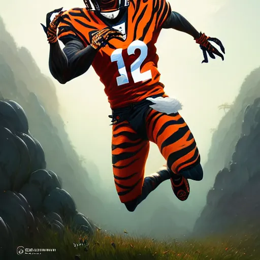 Image similar to highly detailed portrait of bengals wide reciever ja'marr chase, unreal engine, fantasy art by greg rutkowski, loish, rhads, ferdinand knab, makoto shinkai and lois van baarle, ilya kuvshinov, rossdraws, tom bagshaw, global illumination, radiant light, detailed and intricate environment h 6 0 4