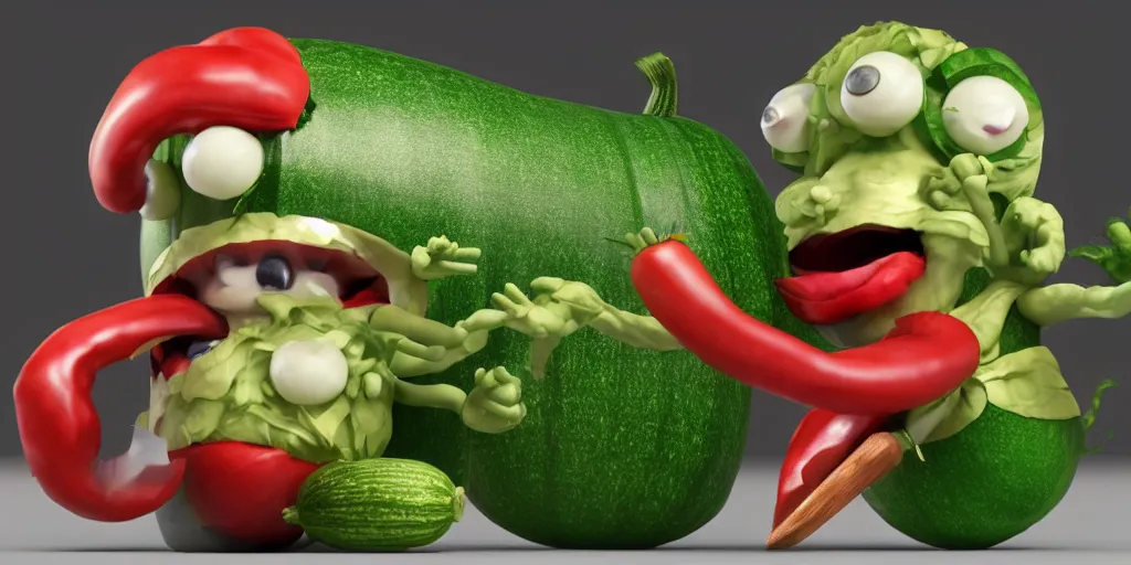 Image similar to detailed 3 d render of a masked zucchini character with arms and legs throwing knives after a frightened tomato burglar, hyper realistic octane render, cinematic lighting, deviantart, frame from independent movie