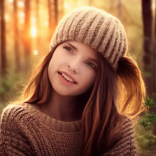 Image similar to real life photo of a beautiful girl, full body photoshoot, long brown hair, brown eyes, full round face, short smile, belly free, sweater, forest setting, cinematic lightning, medium shot, mid - shot, highly detailed, trending on artstation, unreal engine 4 k, 8 0 mm, 8 5 mm, cinematic wallpaper