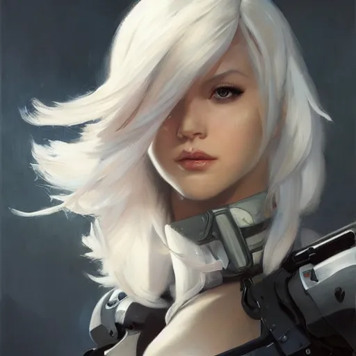 Prompt: greg manchess portrait painting of a 2 yorha type a no. 2 as overwatch character, white long hair, medium shot, asymmetrical, profile picture, organic painting, sunny day, matte painting, bold shapes, hard edges, street art, trending on artstation, by huang guangjian and gil elvgren and sachin teng