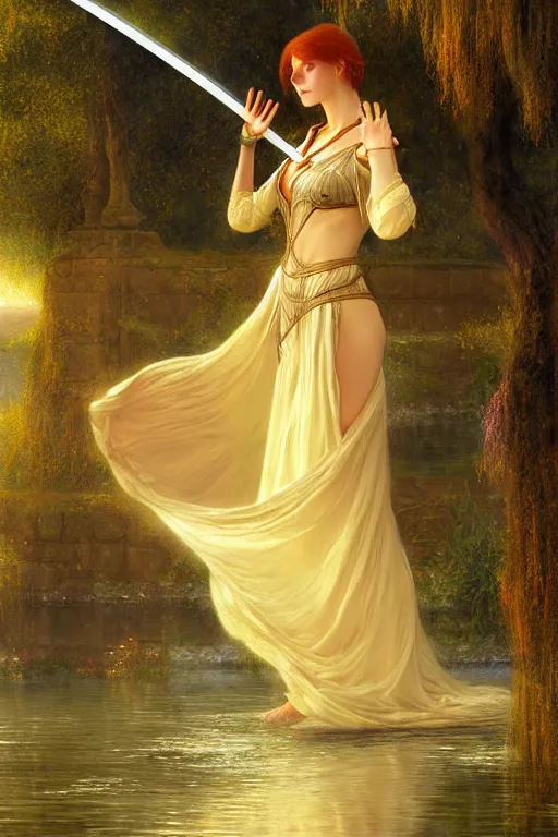 Image similar to a portrait of a sorceress dropping a sword into the lake, illustration, soft lighting, soft details, painting oil on canvas by Edmund Blair Leighton and Charlie Bowater