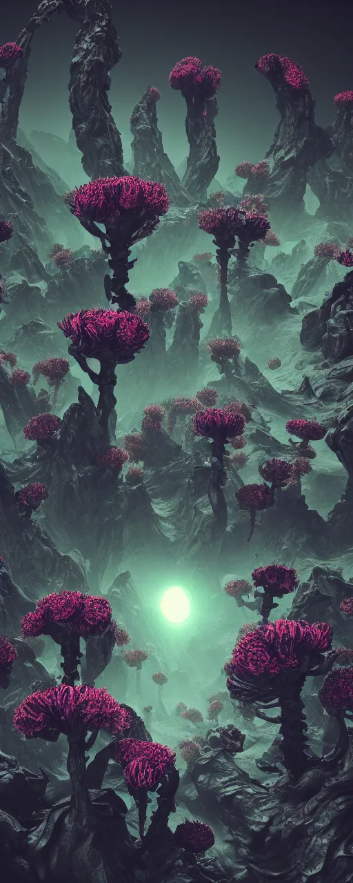 Prompt: visceral exoskeletal formations surrounding of aliens flowers and plants, mythical mountains, dramatic dark contrast lighting, surreal, hyper detailed, cycles 3 d render, 8 k