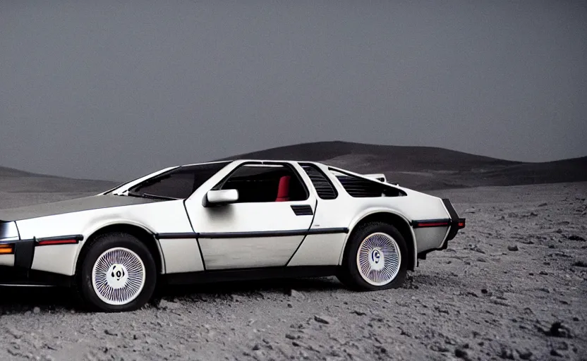 Image similar to a dreamy retro 8 0 s photo of a delorean on the moon, bloomy