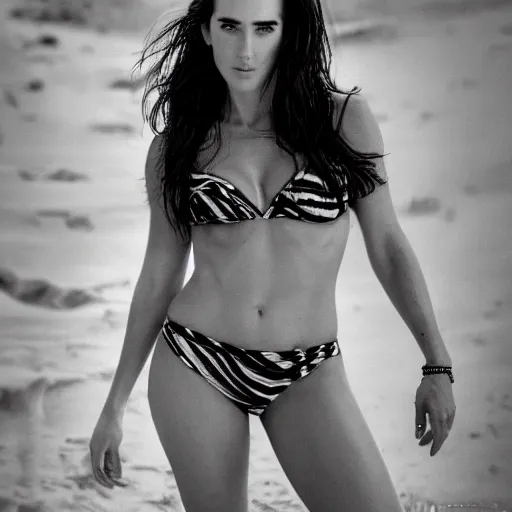 Image similar to Portrait Photography, medium closeup of young jennifer connelly poses in 2 Piece Mini Micro Push Up Swimsuits at summer beach, confident pose, fierce expression, intricate details, detailed face, detailed illustration, impressive lighting, symmetrical features, ultra detailed, 12 megapixels