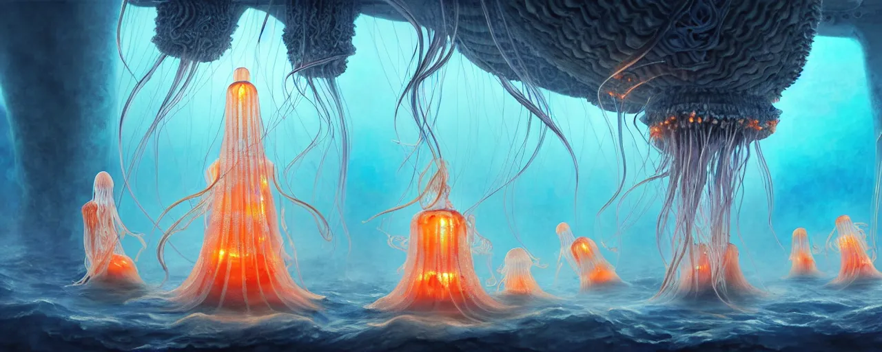 Image similar to A painting of priestesses worshipping at the jellyfish temple, shrouded in mist, jellyfish god, 8K, illustration, by Justin Cheung and ArtGerm and Stéphane Roux, smoke, cinematic, insanely detailed and intricate, hypermaximalist, elegant, super detailed, award-winning, chartreuse and orange and cyan, mysterious, ancient, ritual, ethereal, trending in cgsociety, artstation HQ, ornate, elite, haunting, matte painting, beautiful detailed, insanely intricate details, artstation trending