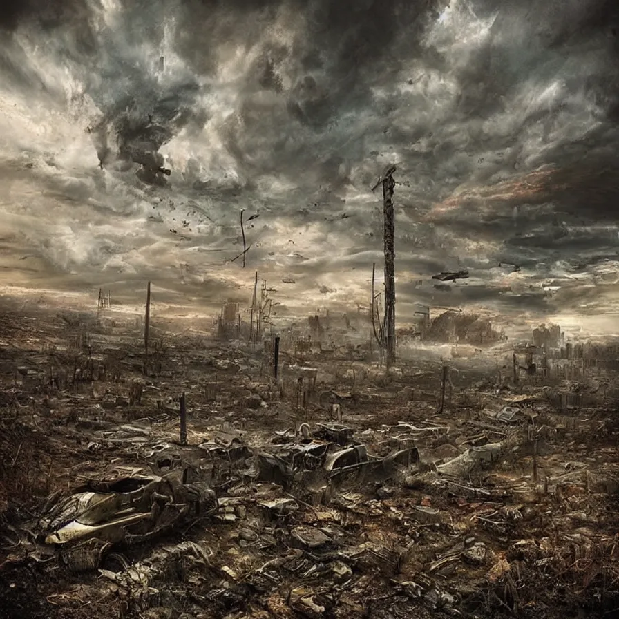 Prompt: “incredible post apocalyptic wonderful landscape by Greg rutowski”