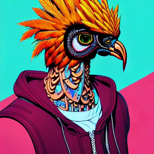 Image similar to portrait painting of a punk chicken - headed cyborg, sharp focus, award - winning, trending on artstation, masterpiece, highly detailed, intricate. art by josan gonzales and moebius and deathburger