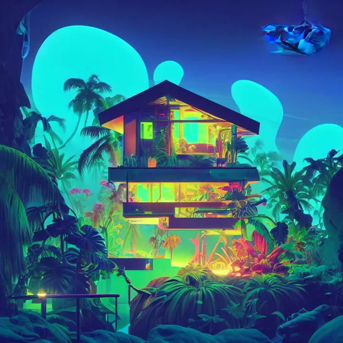 Image similar to a bioluminescent neon tropical cottage by paolo eleuteri serpieri and tomer hanuka and chesley bonestell and daniel merriam and tomokazu matsuyama, unreal engine, high resolution render, featured on artstation, octane, 8 k, highly intricate details, vivid colors, vector illustration