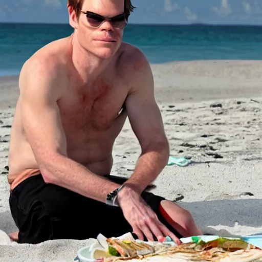 Image similar to michael c hall as dexter on the beach in miami eating a cuban sandwich