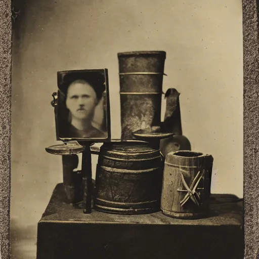 Image similar to Tintype photograph of primitive objects displayed in an ethnographic museum, archive material, anthropology, 1920s studio lighting.