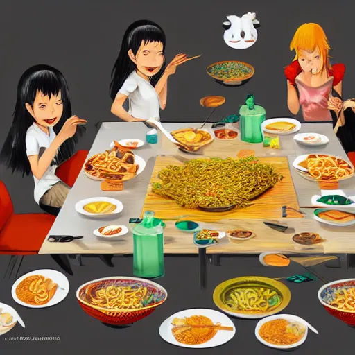 Image similar to a group of komodo dragons having a feast consisting of only indomie instant noodles on a fancy dining table, digital art, concept art, cartoon style, trending on artstation