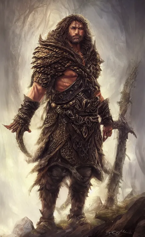 Image similar to a ruthless male druid, full body, 8 k, hyperrealistic, dragon slayer, hyperdetailed, fantasy portrait by laura sava