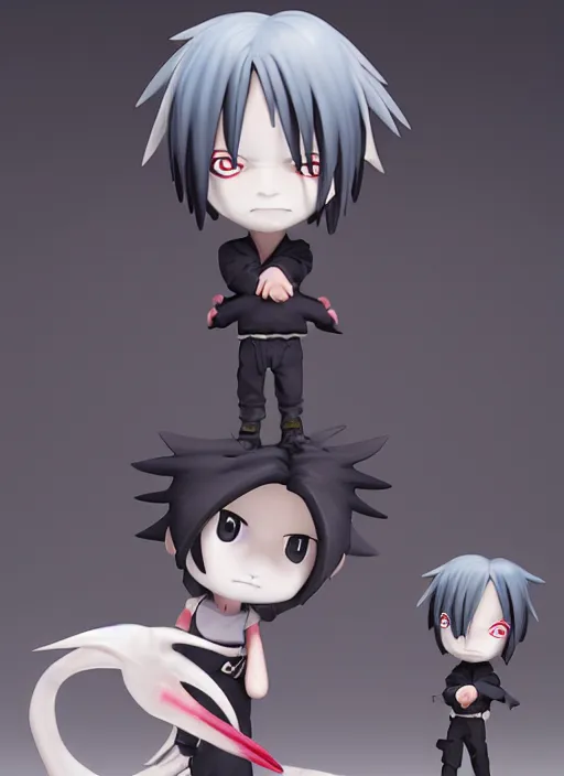 Image similar to cute chibi uchiha sasuke anime figurine, sharing an eyes, art by gerald brom, greg rutkowski and artgerm and james jean and zdzisław beksinski, unreal engine, studio lighting