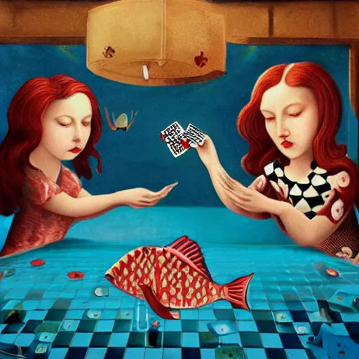 Prompt: two fishes sitting at a table playing cards at the bottom of the sea, the table has a checkered table cloth, lowbrow surrealistic, in the style of mark ryden,