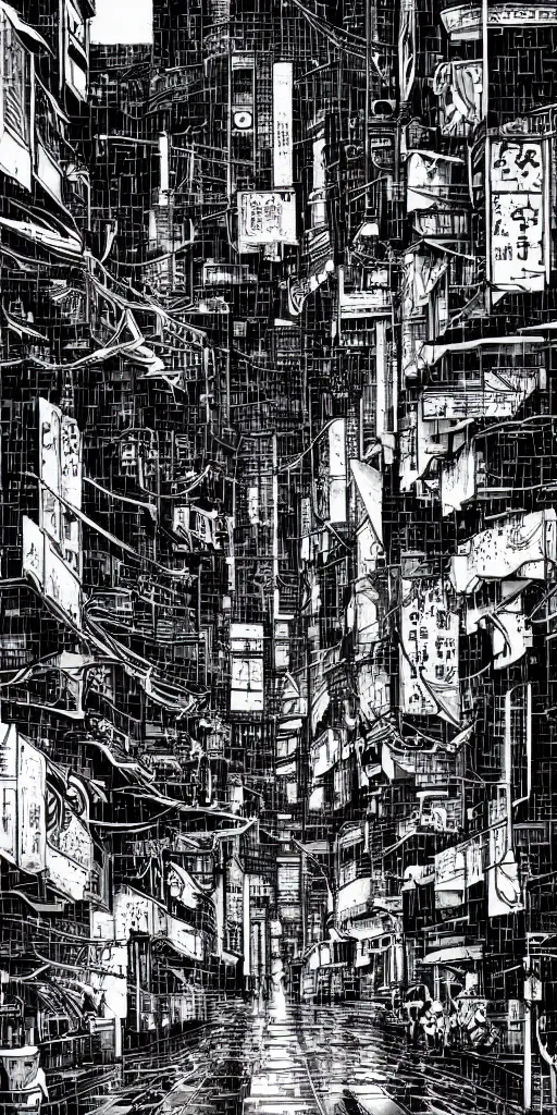 Image similar to manga illustration of poor cyberpunk city, rainy weather, highly detailed