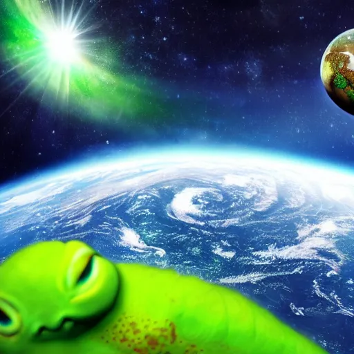 Image similar to an enormous green gecko hugging planet earth, space background