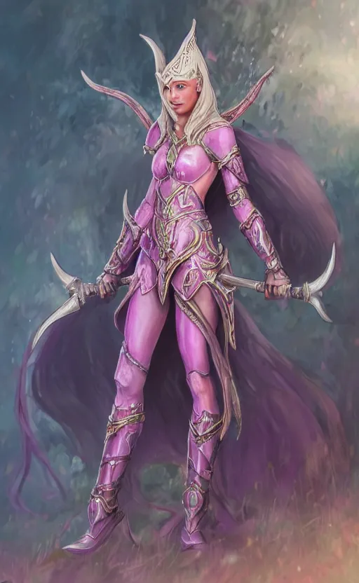 Image similar to a full body portrait of an elven woman with pink skin, and armor fit for a queen, wearing purple headphones, and smiling, dynamic lighting, photorealistic fantasy concept art, trending on art station, stunning visuals, creative, cinematic, ultra detailed