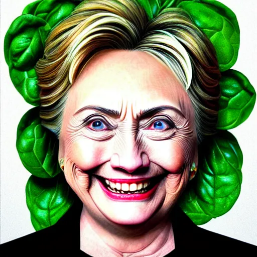 Prompt: the face of hillary made out of spinach, by artgerm, wlop. vastly enriched image quality. lucidly vivid. iridescentally detailed. extremely elegant and beautiful.