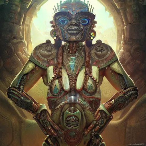 Image similar to An Alien Robot Mayan Ruler, facial tattoos, artists portrait, biomechanical, wild jungle, fantasy, highly detailed, digital painting, concept art, sharp focus, depth of field blur, illustration, art by artgerm and greg rutkowski and alphonse mucha