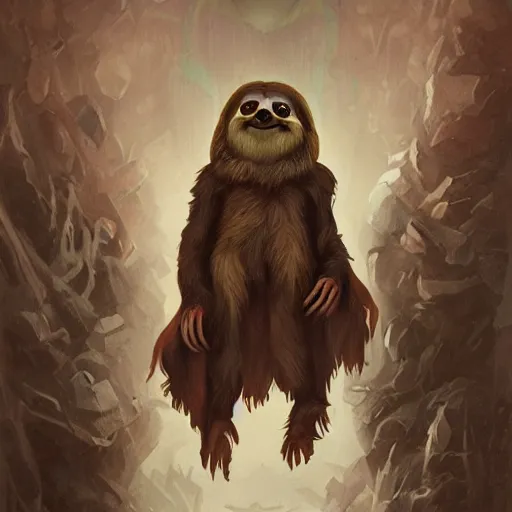 Image similar to unholy sloth, sloth monster, animal sloth, anthropomorphic sloth, demon sloth, demonic robes, dirty matted fur, evil, horror, fire, gloomy mood, ultra details, art by artgerm, dwayne barlowe, trending on artstation and greg rutkowski and alphonse mucha, 8 k