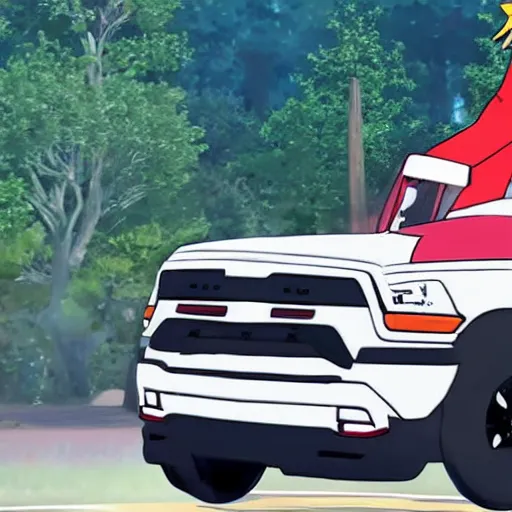 Image similar to zero two from darling in the franxx driving a dodge ram