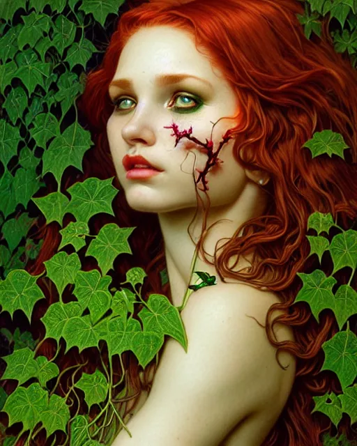 Image similar to closeup portrait the platonic ideal of flowers and ivy, poison ivy, beautiful succubus, intricate, hyperrealism, intense, dmt, artgerm, moebius, greg rutkowski, dan mumford, alphonse mucha