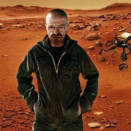 Image similar to Walter White finds crystal meth on Mars whilest exploring with Jesse Pinkman, Realistic, HDR, Clear Image, HDD, Real Event, Historical Event,