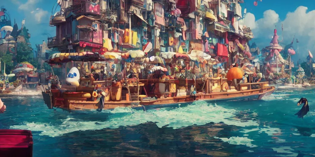 Image similar to a film still floats carnival, medium shot, waist up, studio ghibli, pixar and disney animation, sharp, rendered in unreal engine 5, anime key art by greg rutkowski, bloom, dramatic lighting