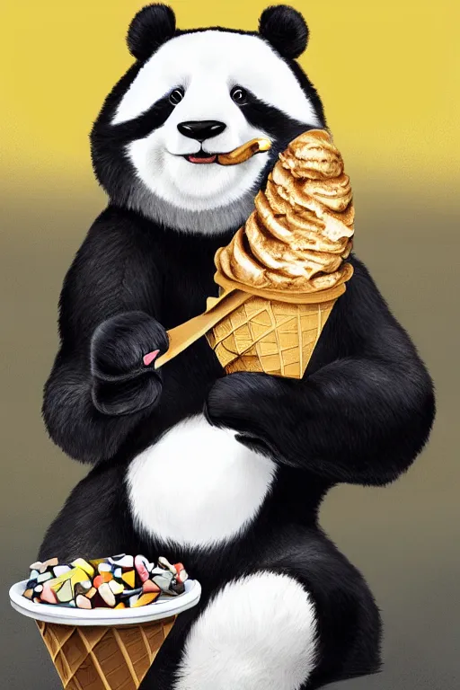 Prompt: digital realistic detailed kawaii panda eating an ice cream cone