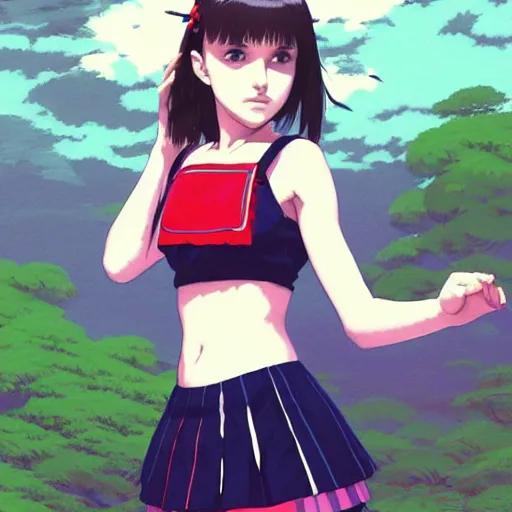 Image similar to a beautiful! boyish! natalie portman alluring gravure! model, wearing japanese school girl outfit with mayan pattern and native style, aztec street fashion, gapmoe yandere grimdark, trending on pixiv fanbox, painted by greg rutkowski makoto shinkai takashi takeuchi studio ghibli, akihiko yoshida