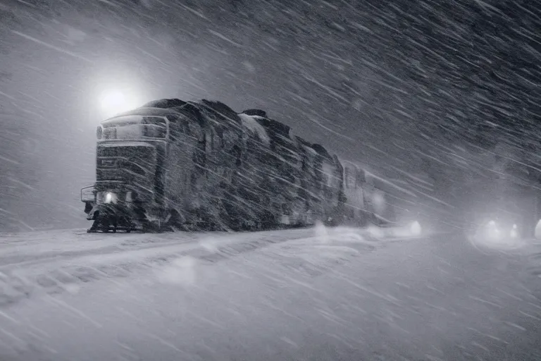 Image similar to an old locomotive rushing through snow storm in high speed, white steam on the side, dark smoke with fire from the pipes, dynamic angled shot, speed lines, fire particles and snowflakes everywhere, 8 k, hyperrealistic, ultra sharp, octane render, unreal engine, light breaks through the roofs, artstation, very detailed, 1 6 k, eerie moon eclipse cinematic scenery