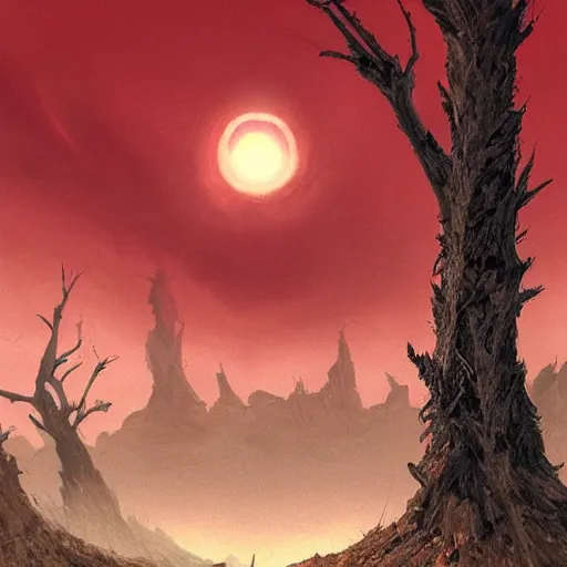 Prompt: Epic portrait doomsday earth full of dead trees and wasteland desert, red sky, red giant sun in front, blurred background, digital painting, artstation, concept art, soft light, hdri, smooth, sharp focus, illustration, fantasy, intricate, elegant, highly detailed, D&D, matte painting, in the style of Greg Rutkowski and Alphonse Mucha and artemisia, 8k, highly detailed, jurgens, rutkowski, bouguereau, pastoral, rustic, georgic