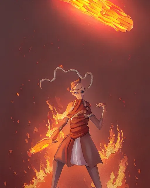 Prompt: [ [ squidward ] ] wearing fire nation clothing and practicing firebending outside at susnset, oil painting, highly [ detailed ], intricate, hd, sharp focus, photorealistic, by moebius and greg rutkowski, trending on artstation, trending on cgsociety, realistic shading and lighting