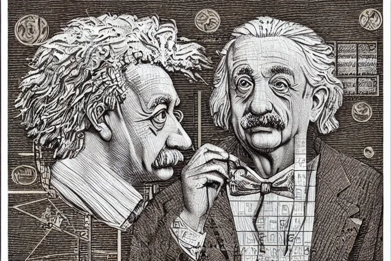 Image similar to an engraved portrait of albert einstein surrounded by intricate equations of theory of relativity, detailed!!! copper - plate engraving in the style of a postage stamp, freemason symbol, fine!!! lines, engraved by m. c. escher