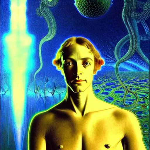 Image similar to realistic extremely detailed portrait painting of a glowing male silhouette, futuristic sci-fi landscape on background by Jean Delville, Amano, Yves Tanguy, Alphonse Mucha, Ernst Haeckel, Edward Robert Hughes, Roger Dean, rich moody colours, blue eyes